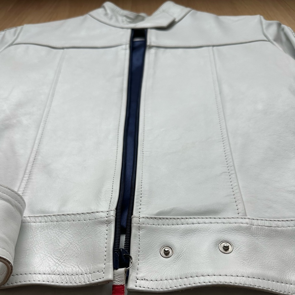 Peroni Italy White Leather Full Zip LOGO perforated Sleeve Jacket - Picture 3 of 9
